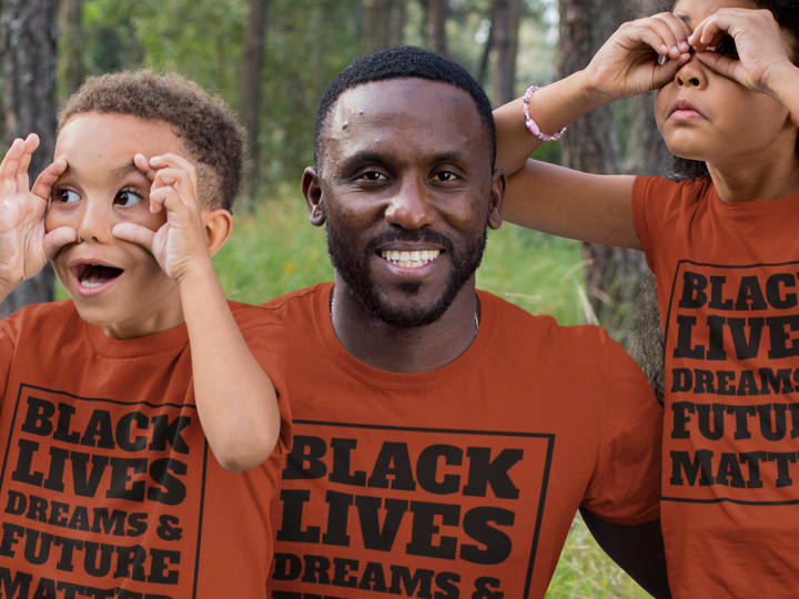 custom black history-month t-shirt mockup of a father and his two children making funny faces