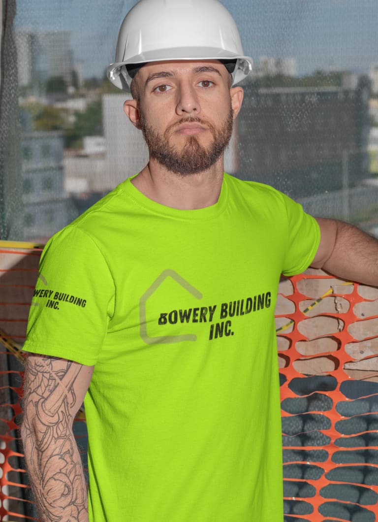 man wearing custom safety green construction tshirt