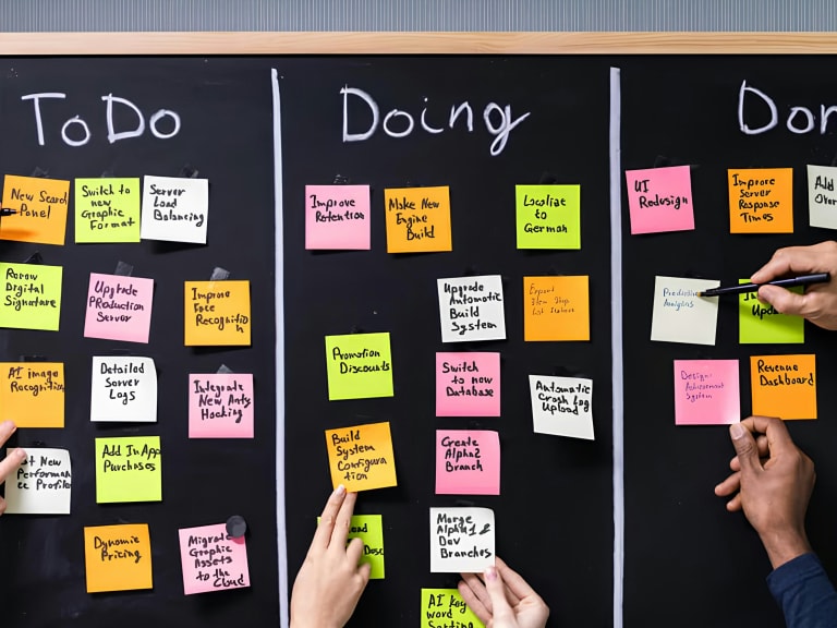 Tableau Kanban avec colonnes To Do Doing Done pour prioriser les tâches en équipe