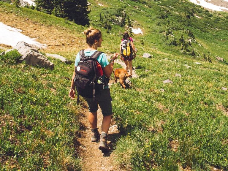 fit durch den herbst, freundinnen beim wandern in den bergen