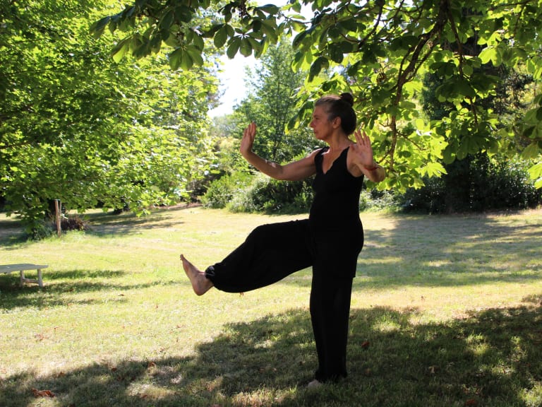 sport für zuhause, ältere frau bei qi gong übung