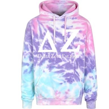 Tie-dye hoodie in pastel pink, purple, and blue with white Greek letters 'ΔΖ' (Delta Zeta) and the text 'Delta Zeta Est. 1902' printed on the front