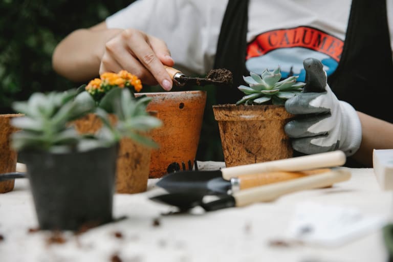 frau im garten t-shirt bei gartenarbeit