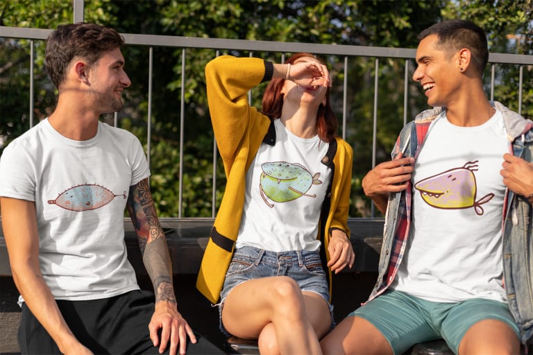 Gruppe in lustigen T-Shirts Fisch Designs