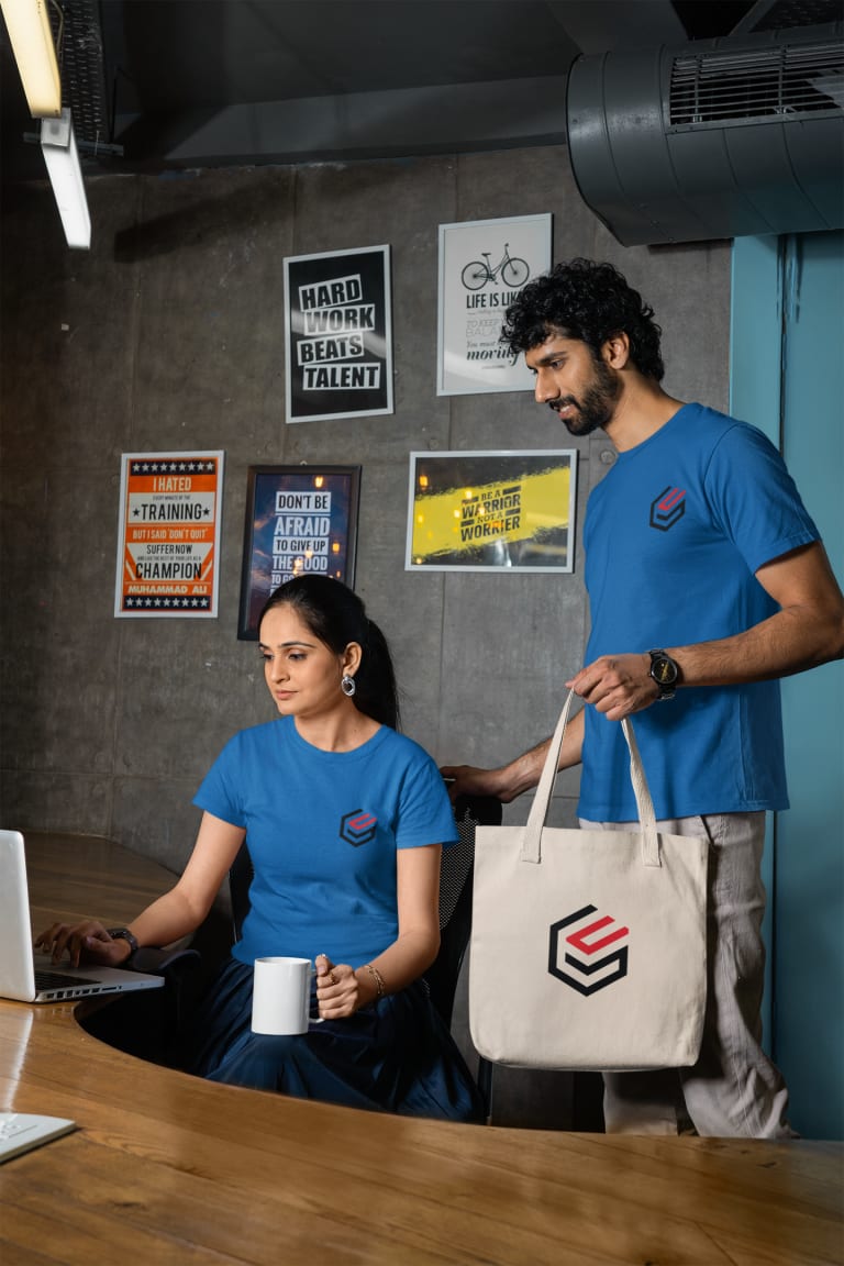 employees with custom corporate gifts with logo: custom t-shirts,custom totes