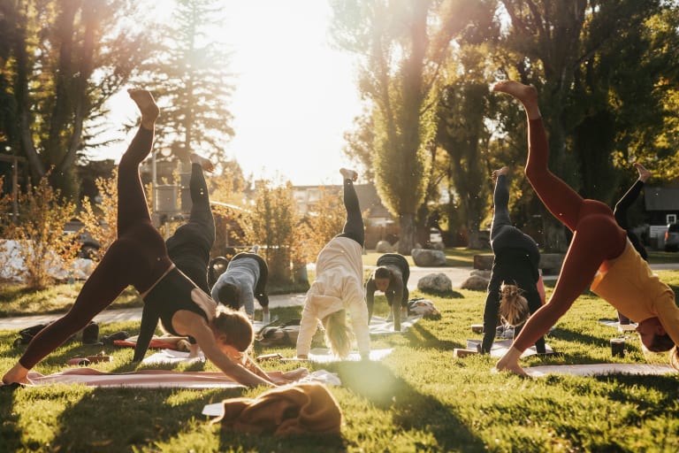 sport im frühling yoga, gruppe macht yoga outdoor