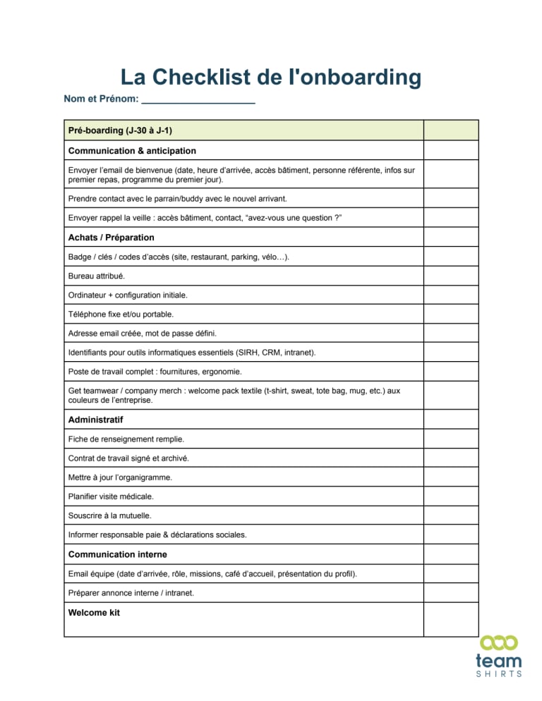 checklist de l'onboarding telecharger pdf